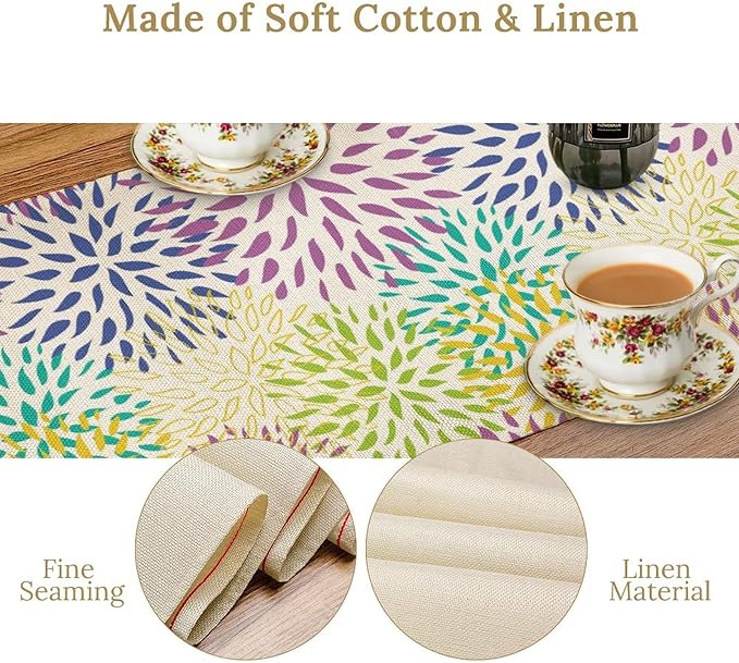 Purple Flowers Table Runner, Chrysanthemum Dahlia Vintage Modern Colorful Spring Summer Elegant Table Runner for Party Kitchen Dining Living Room Laundry Room Decor, 13x60 Inch