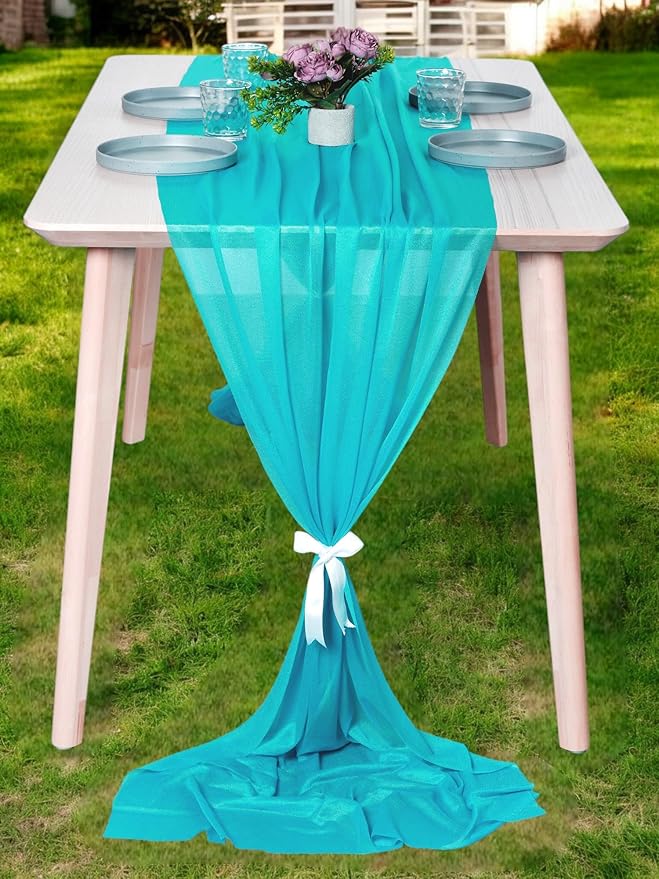 MDS 2 Pack 10ft Chiffon Table Runner 29 x 120 Inches Sheer Wedding Runner Romantic Rustic Table Runner for Wedding Decorations, Birthday Parties, Bridal Shower Party Arch Decor - Peacock Blue