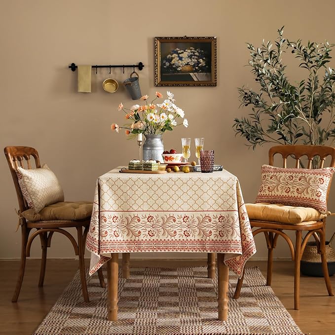 Square Tablecloth 67 x 67 in, Linen-Polyester Blend, Yellow Floral