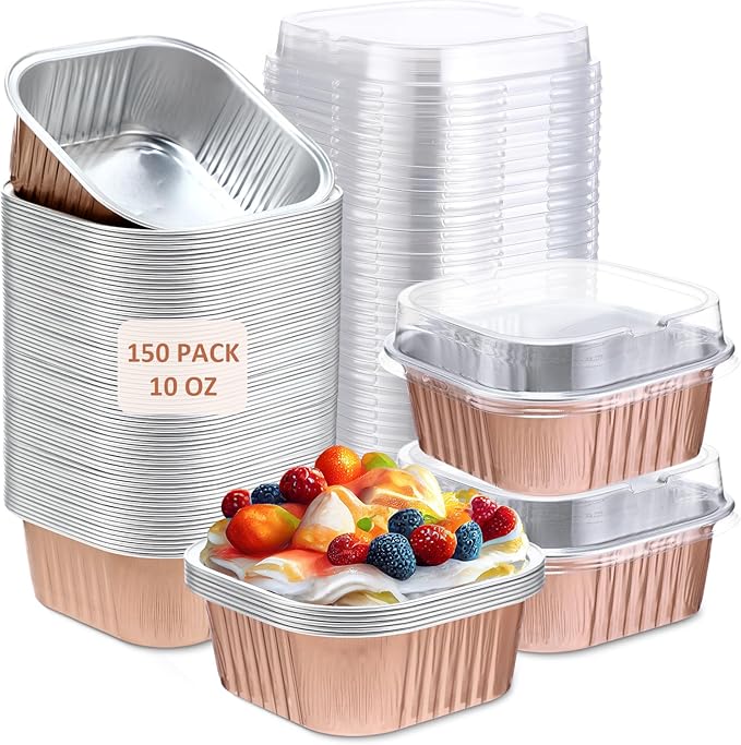 Baking Cups with Clear Lids, 150 Count, 10 oz Champagne Aluminum Foil