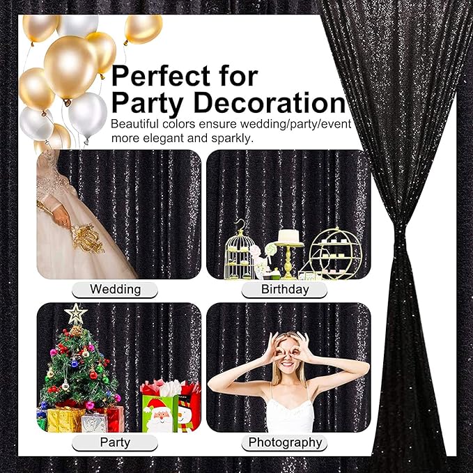 Black Sequin Backdrop Curtain, 10x10 ft Glitter Photo Backdrop with Rod Pocket