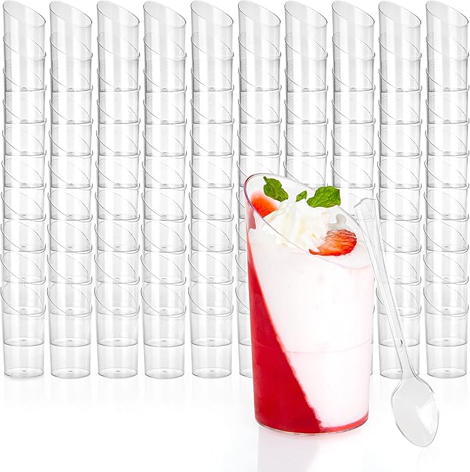 Ilyapa 3oz Plastic Dessert Cups - 100 Pack Mini Dessert Cups with Spoons - Clear Reusable Small for Cheesecake Shooters, Chocolate Mousse, Parfait - Party and Catering Supplies - Slanted