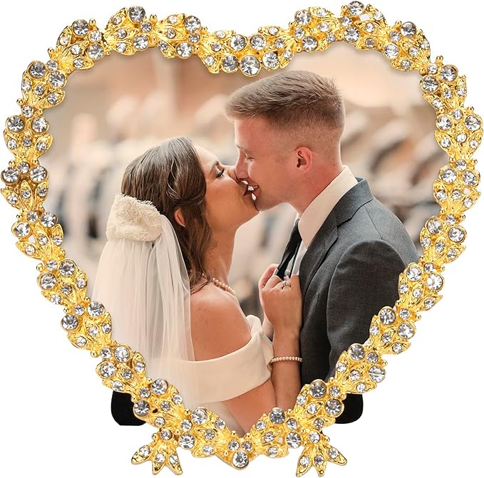Tabletop Picture Frame, Heart Shaped, Jeweled, Silver and Gold Finish