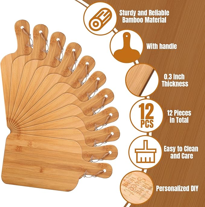 Patelai 12 Packs Wooden Cutting Board Set with Handles Large Kitchen Serving Plain Chopping Board Bulk Gifts for Mom for Vegetables Meat Pizza Cheese Fruit Bread(Bamboo,15 x 7 Inch)