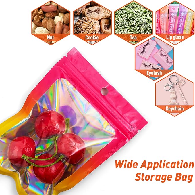 Funfery 100 Pack Gradient Holographic Bags,Mylar Resealable Bags with Zipper,Clear Window Packaging Pouchs,Smell Proof Bag for Food Storage,Sample Jewelry Bag(3.5x4.7In,Hot Pink Orange)