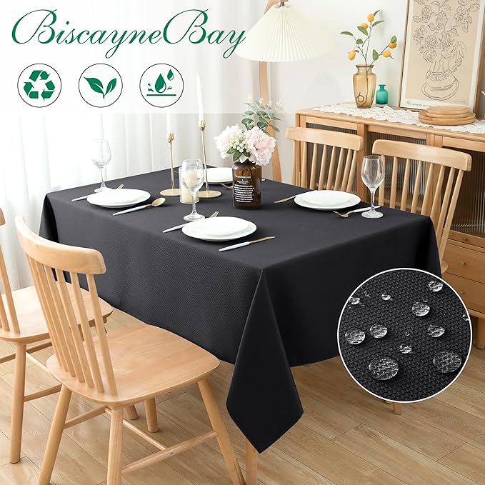 Biscaynebay Textured Fabric Tablecloths 60x108 Inches Rectangular, Black Water Resistant Spill Proof Tablecloths for Dining, Kitchen, Wedding and Parties, Machine Washable