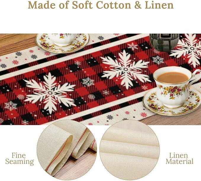 Snowflakes Christmas Table Runner,Red Buffalo Plaid Seasonal Winter Kitchen Dining Table Decoration for Home Party Decor 13x120 Inch