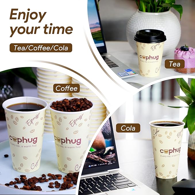 Coffee Cups 16 oz Yellow Paper, 100 Pack with Lids and Sleeves