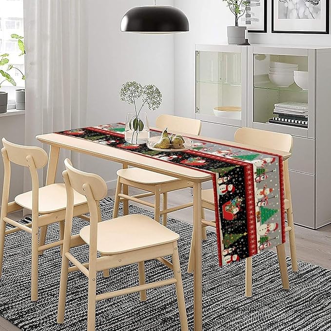 Christmas Table Runner,Cartoon Snowman Tree Xmas Deer Elk Santa Claus Print Tablecloth Burlap for Hotel Indoors Outdoor Dining Room Kitchen Home Decor,W13X L90 in
