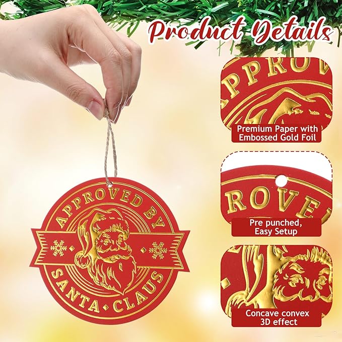 36 Pcs Christmas Gift Tag with String 3D Santa Gift Tag Gold Foil Present from Santa Claus Premium Gold Tags for Kids Christmas Party Decor(Classic)