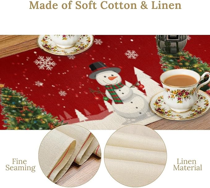Christmas Table Runner,Snowman Rustic Red Snowflake Winter Table Cloth Kitchen Dining Table Decoration for Home Party Decor 13x108 Inch