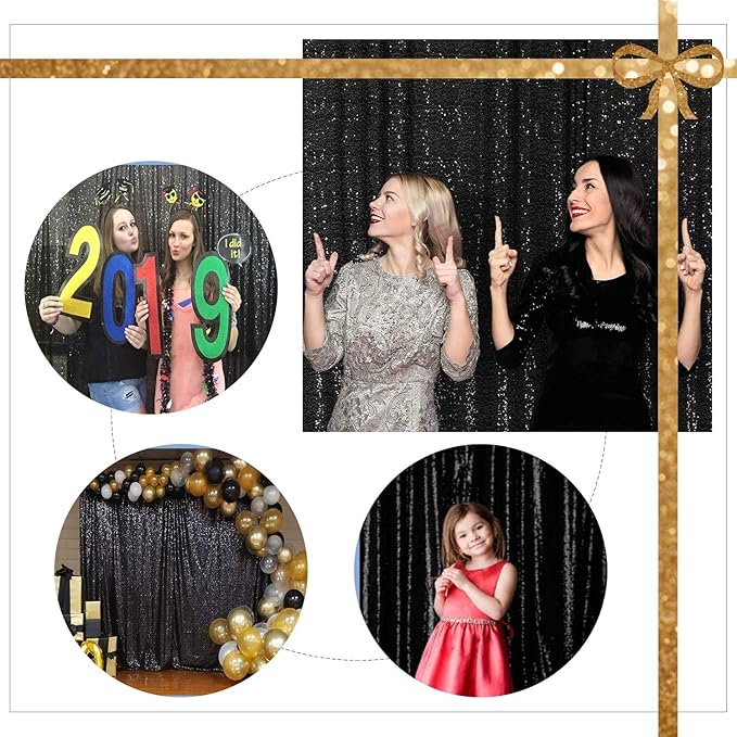 Black Sequin Backdrop 10ft x 10ft, Satin-Backed Photo Booth Curtain