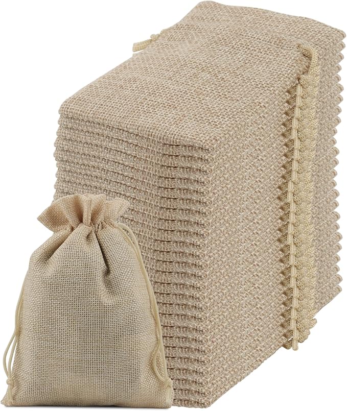 Burlap Gift Bags with Drawstring, 100 Count, 3 x 4 Inch, Linen