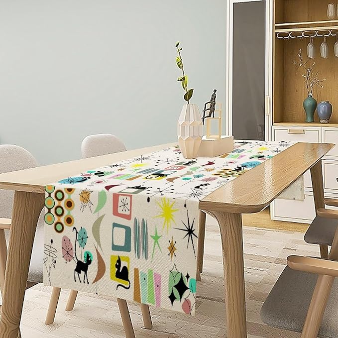 Colorful Geometric Table Runner,Vintage Mid Century Cute Cat Abstract Morden Print Tablecloth Burlap for Hotel Indoors Outdoor Dining Room Kitchen Home Decor, 13x36in