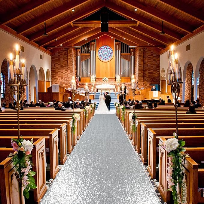 Silver Sequin Aisle Runner, 4 x 10 ft, 1 Piece for Weddings and Parties