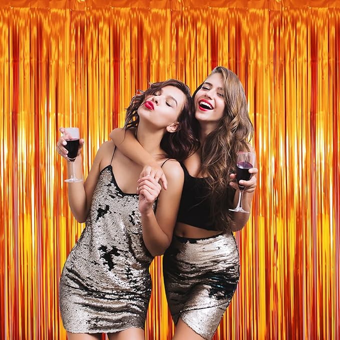 GOER 3.2 ft x 8.2 ft Metallic Tinsel Foil Fringe Curtains Party Photo Backdrop Party Streamers for Birthday,Graduation,New Year Eve Decorations Wedding Decor (5 Packs,Orange)