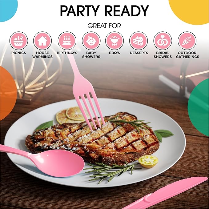 Pink Plastic Cutlery Set, 300 Pieces with Forks, Spoons and Knives