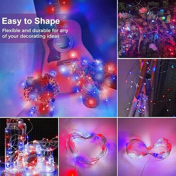 kolpop 12 Pack 4th of July Decor Patriotic Fairy Lights Battery Operated with 3 Modes, Red White Blue Twinkle String Lights Waterproof for Mason Jars Party