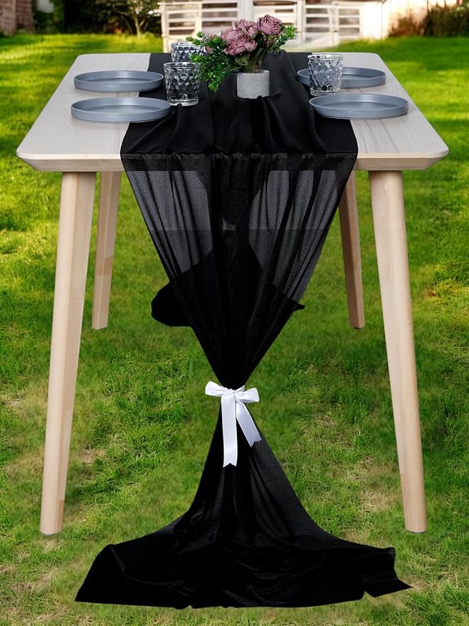 MDS 2 Pack 10ft Chiffon Table Runner 29 x 120 Inches Sheer Wedding Runner Romantic Rustic Table Runner for Wedding Decorations, Birthday Parties, Bridal Shower Party Arch Decor - Black
