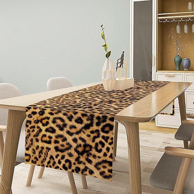 Leopard Print Dinning Table Runner, Cotton Linen Rustic Cottage Country Farm Safari Wildlife Fur Print Table Runners for Table Dresser Runner Dinning Kitchen Party Holidays Home, 13x120 Inch