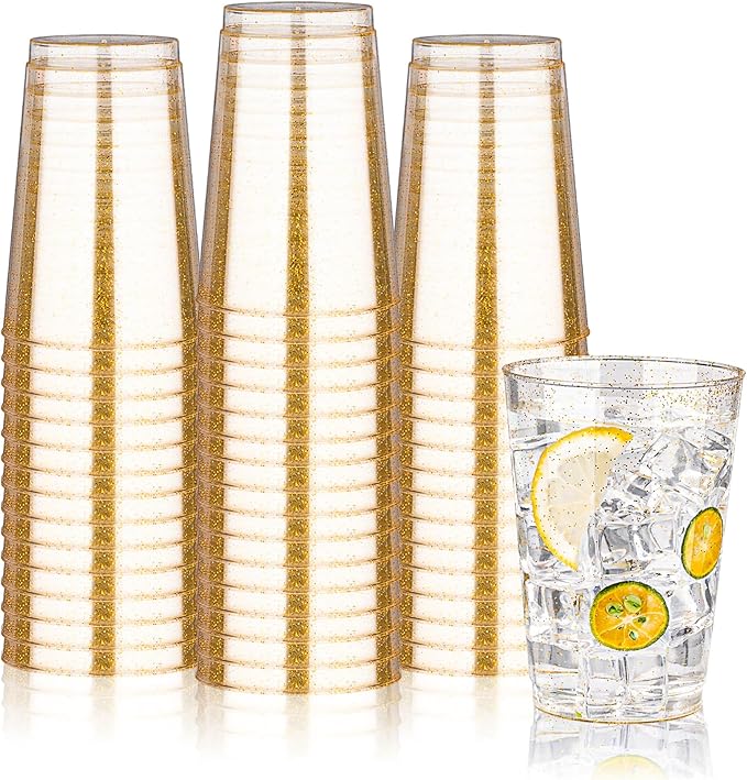 Disposable Cups, 12 oz Gold Glitter Plastic Party Tableware