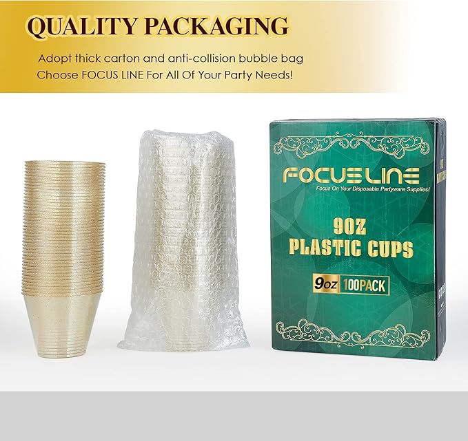 Plastic Cups 9 oz Gold Glitter Disposable, 100 Count