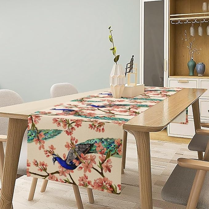 Peacock Table Runner,Spring Floral Peacock Birds Table Runner for Home Kitchen Dining Party Indoor Outdoor Decoration 13x90 Inch