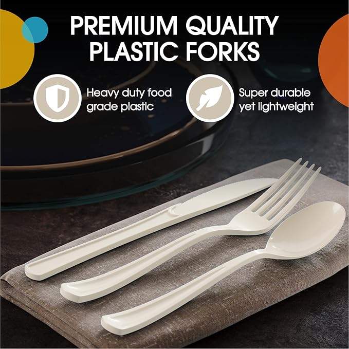 Plastic Cutlery Set 300 Pieces Ivory Forks Knives Spoons
