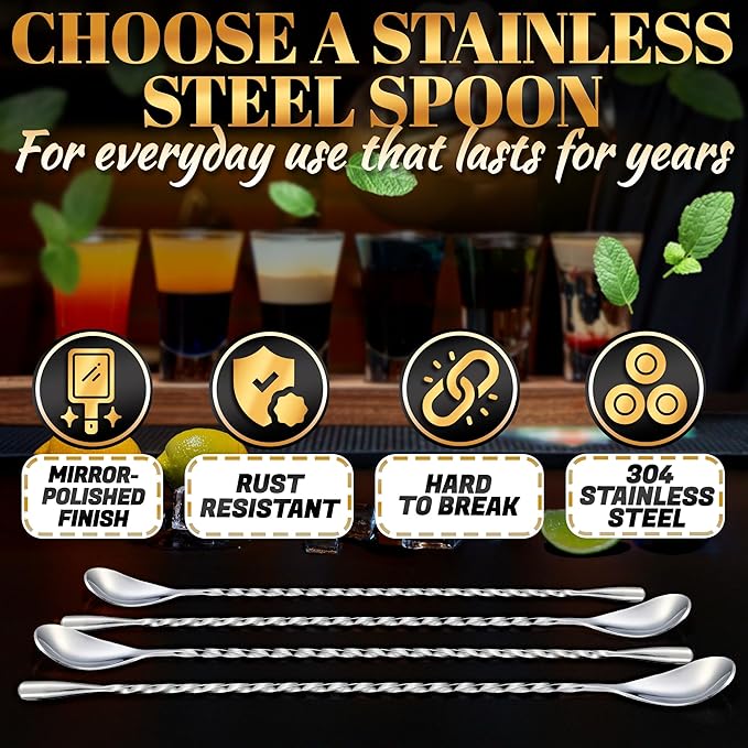 4 Pcs Bar Spoon Cocktail Stirrers – 12'' Long Spoons for Stirring | Stainless Steel with Polished Surface, Easy to Clean – Professional & Home Use, Practical Gift for Drink Mixing Lovers Caviar Spoons