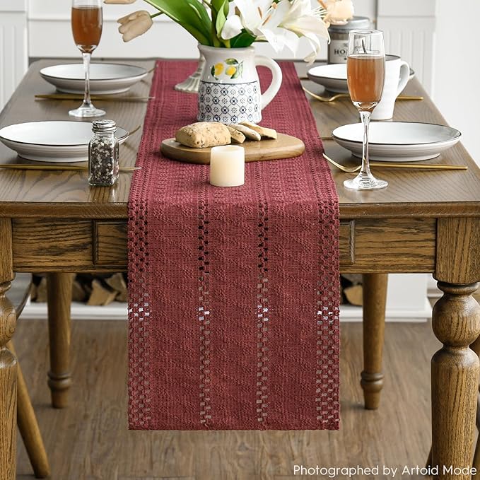 Artoid Mode Red Farmhouse Woven Rustic Hollow Table Runner, Seasonal Holiday Hollow Kitchen Dining Table Decoration for Home Party Decor 12x120 Inch
