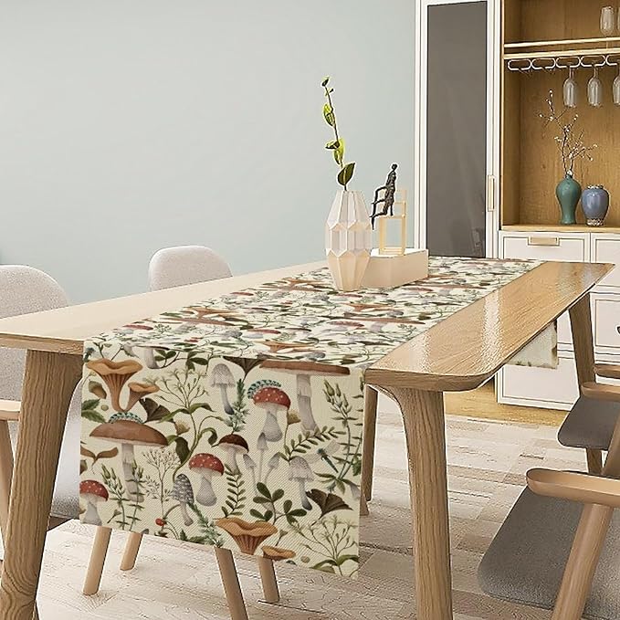 Mushroom Table Runner,Vintage Forest Flower Plant Print Table Runner for Kitchen Dining Table Home Party Decoration 13x120 Inch