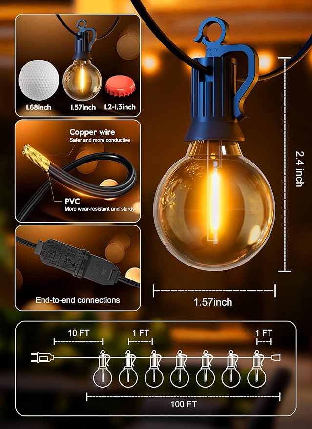 String Lights for Outdoor Patio, 100 FT Warm White G40 LED, Black