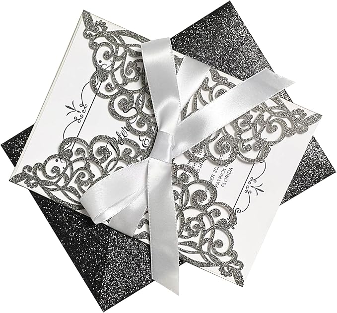 50Pcs Laser Cut Black Wedding Invitation With Glitter Envelopes And Ribbons Blank Personalized Card Invitaciones Para quinceañera Birthday Baby Shower Christmas Party Bridal Shower