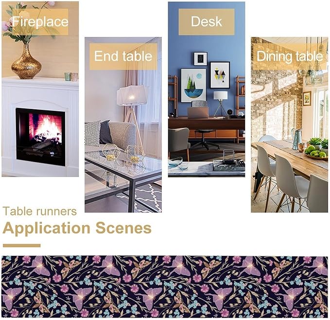 Moth Table Runner, Boho Aesthetic Moth Magic Table Runner for Home Kitchen Dining Party Indoor Outdoor Decoration 13x90 Inch