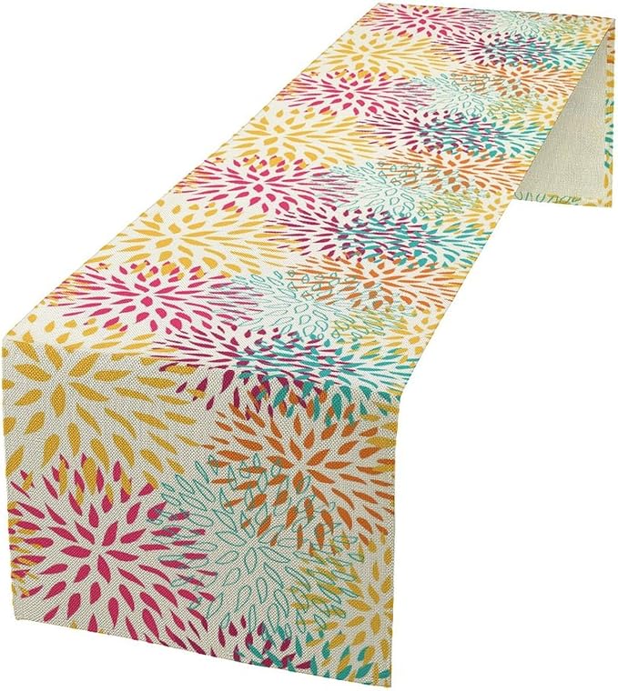 Abstract Flowers Table Runner, Chrysanthemum Dahlia Vintage Modern Colorful Spring Summer Elegant Table Runner for Party Kitchen Dining Living Room Laundry Room Decor, 13x60 Inch