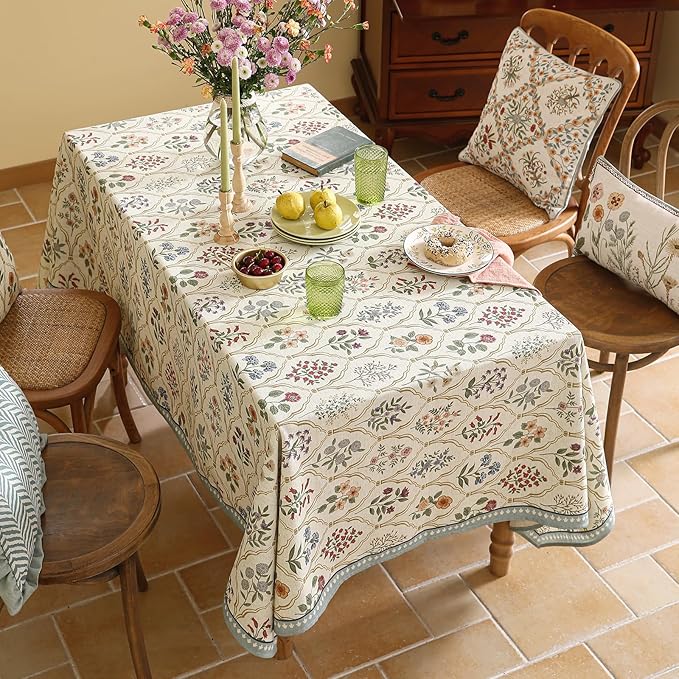 Tablecloth 55x79 Inch Linen-Blend Floral Print in Serenity