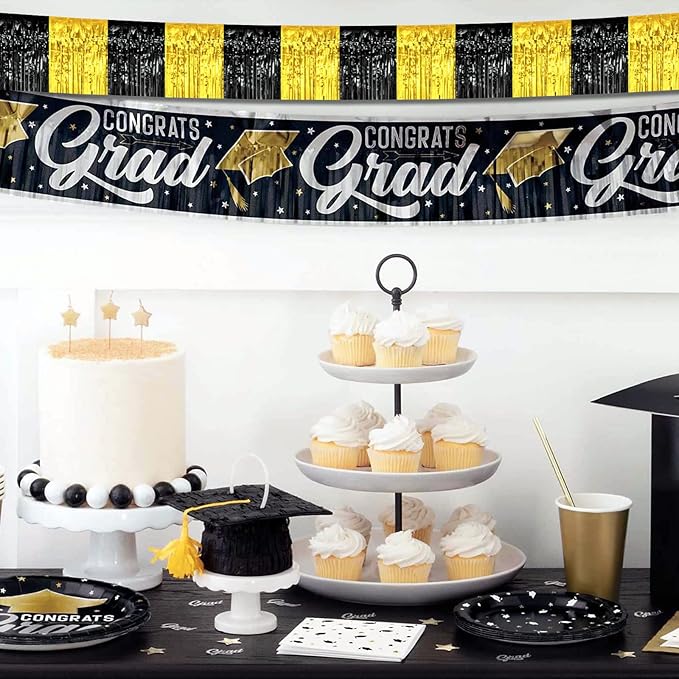 6 Pack 10 Feet Black Gold Foil Fringe Garland Metallic Tinsel Streamers Banner Wall Hanging Curtain Backdrop Banner for Parade Floats, Thanksgiving, Christmas, Birthday, Halloween Party Decorations