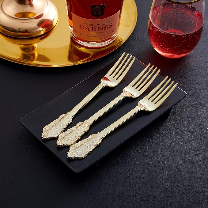 Disposable Gold Plastic Forks, 100 Count, 7.48 Inch Retro Party Forks