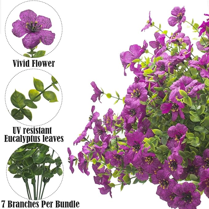 Artificial Flowers Faux Boxwood Greenery in Purple, Plastic, 16 Bundles