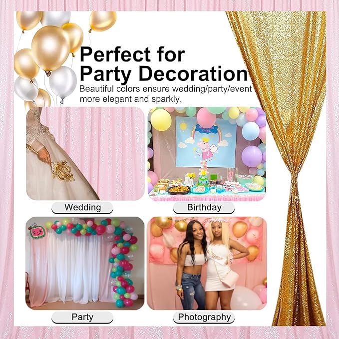 Sequin Backdrop Curtain 10 ft x 10 ft Pink, 3mm Glitter Sequins