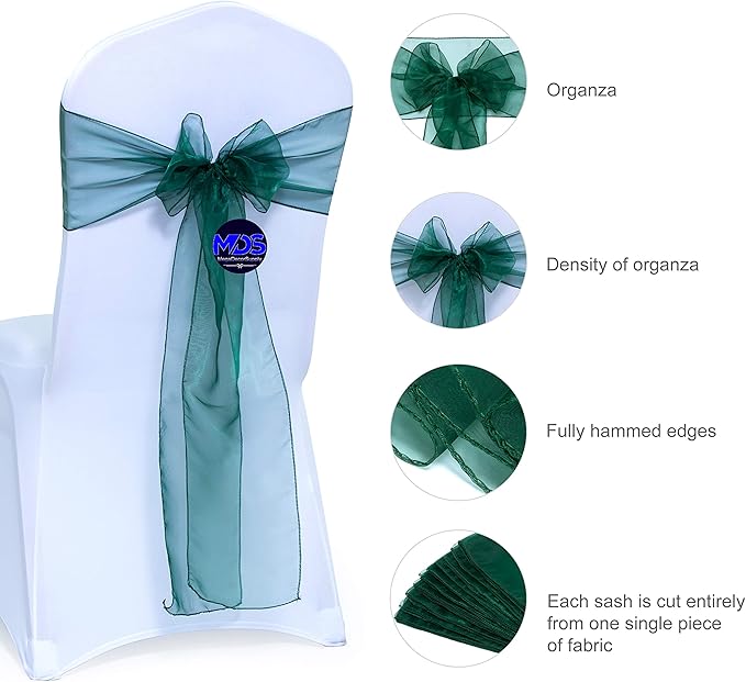 MDS Pack of 100 PCS Organza Chair Sashes Wider Dining Chair Bows Ribbon Tie Back for Wedding Party Birthday Bridal Shower Reception Event Banquet Home Chair Cover Decoration - Hunter Green