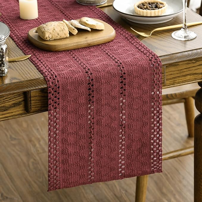 Artoid Mode Red Farmhouse Woven Rustic Hollow Table Runner, Seasonal Holiday Hollow Kitchen Dining Table Decoration for Home Party Decor 12x108 Inch
