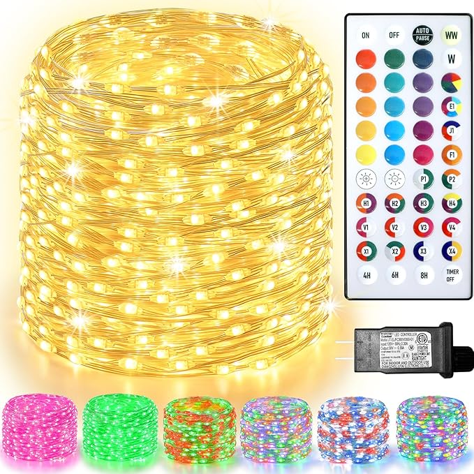 Indoor Outdoor String Lights, 98ft 300 LED Silver Wire, 35 Colors, Remote