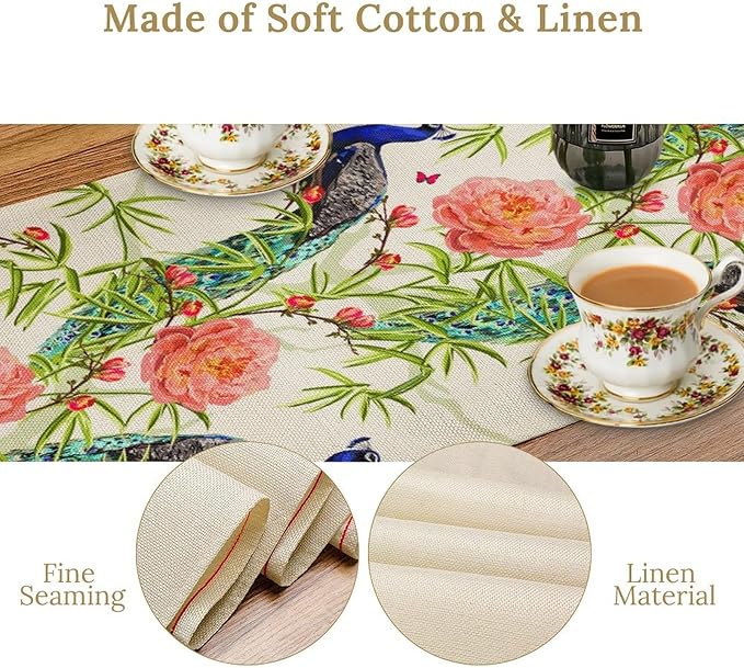 Peacock Table Runner,Seasonal Flower Plants Peacock Birds Table Runner for Home Kitchen Dining Party Indoor Outdoor Decoration 13x36 Inch