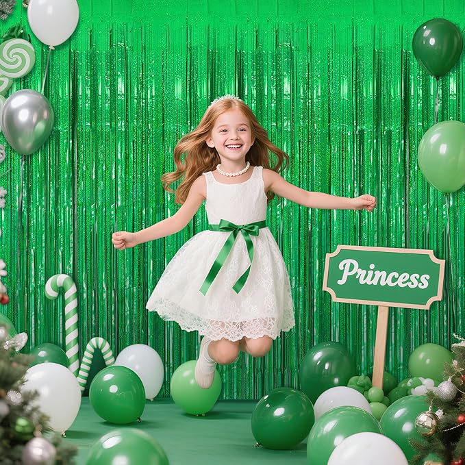10 Pack Green Streamers Metallic Foil Fringe Curtain Backdrop for St Patrick's Day Birthday Christmas Dinosaur Animal Football Theme Party Decorations