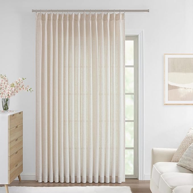 Vision Home Natural Pinch Pleated Semi Sheer Curtains Textured Linen Blended Light Filtering Window Curtains 95 inch for Living Room Bedroom Patio Pinch Pleat Drapes with Hooks 1 Panel 84" Wx95 L