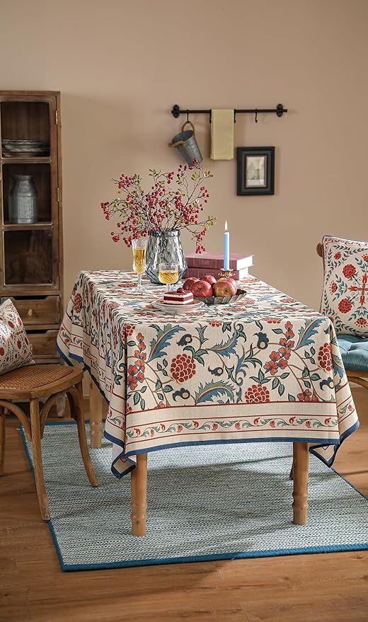 patdrea Designer Vintage Linen Tablecloth for Rectangle Table,French Soft Durable Floral Tablecloths,Colorful Table Cover for Kitchen Dining,Parties,Christmas,Thanksgiving,Party,63"x87"-Puno