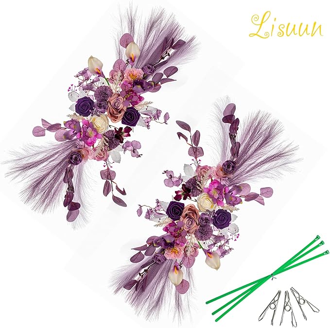 Artificial Flowers Wedding Arch Swag, Purple Peony and Pampas Grass, 40 Inch
