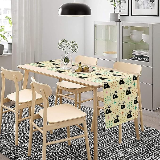 Mid Cat Table Runner, Vintage Black Cat and Atomic Stars 1950s 1960s Abstract Geometric Space Pattern Table Decoration for Home Kitchen Restaurant 13x90 Inches