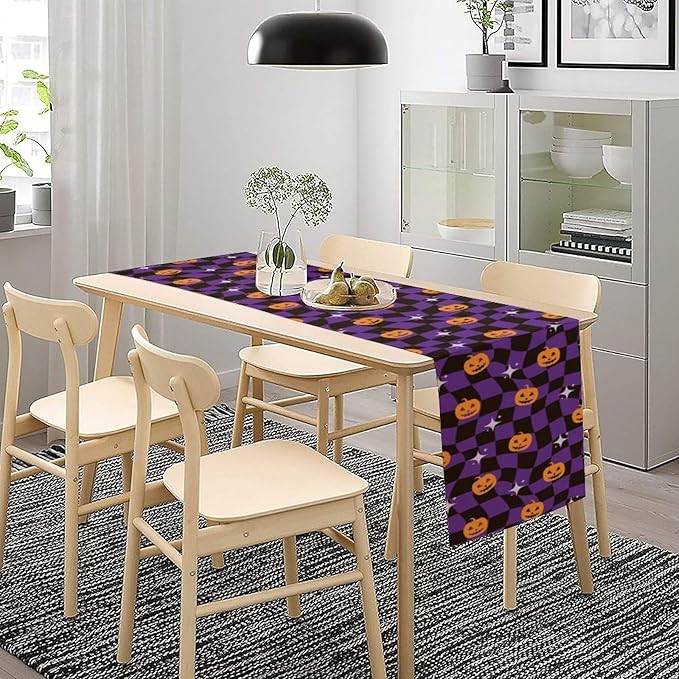 Halloween Table Runner,Purple Checkered Pumpkin Table Runner for Kitchen Dining Table Decoration Home Party Decor 13x70 Inch
